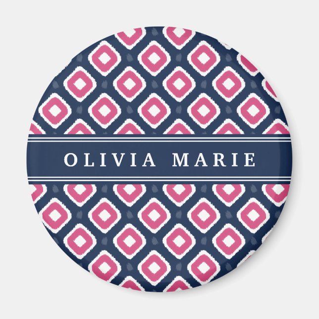 Blue Rosa Ikat Mod Mönster med Namn Magnet (Framsidan)