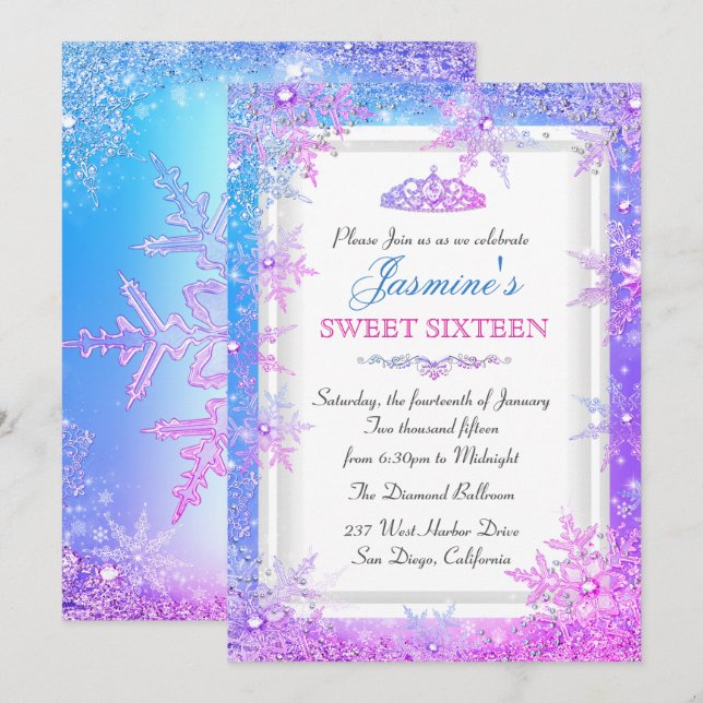 Blue Rosa Lila Winter Wonderland Sweet 16 Inbjudan (Fram/baksida)