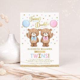 Blue Rosa Nalle Boy Girl Twillingars Baby Shower Inbjudningar