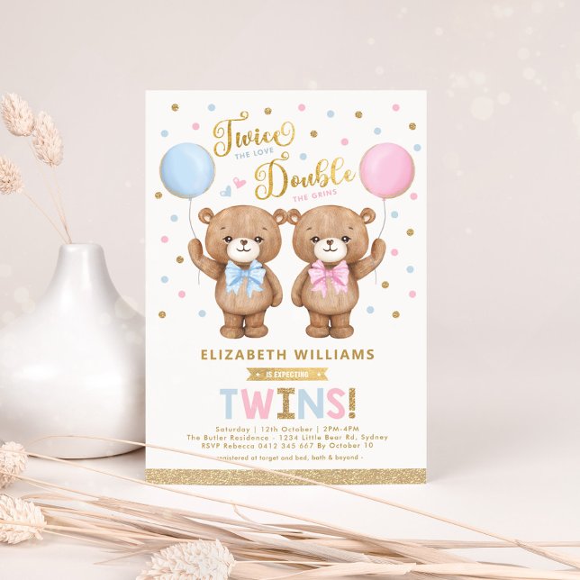 Blue Rosa Nalle Boy Girl Twillingars Baby Shower Inbjudningar (Skapare uppladdad)