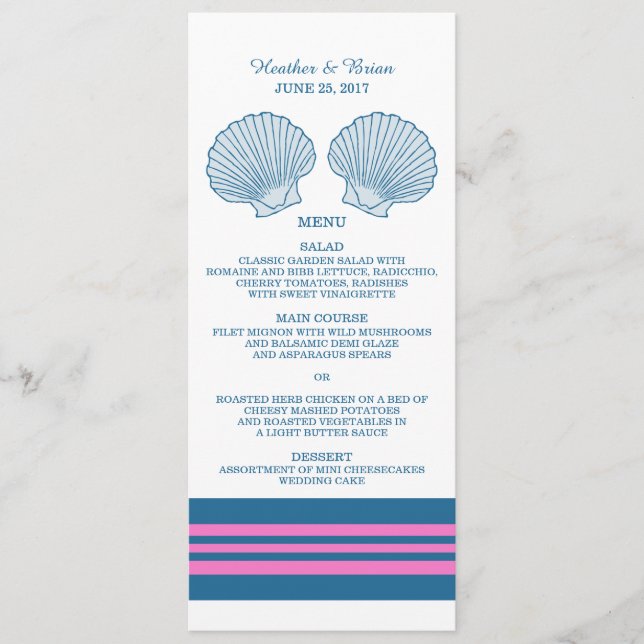 Blue Rosa Nautical Seashells Bröllop Menu Meny (Framsida)