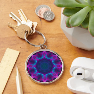 Blue & Rosa Neon Mörk Kaleidoscope Gradient Rund Silverfärgad Nyckelring