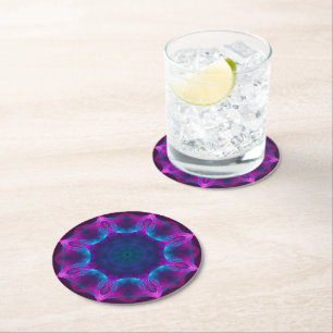 Blue & Rosa Neon Mörk Kaleidoscope Gradient Underlägg Papper Rund