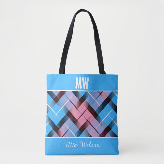 Blue Rosa Play Tartan Personlig Monogram Namn Tygkasse (Framsida)