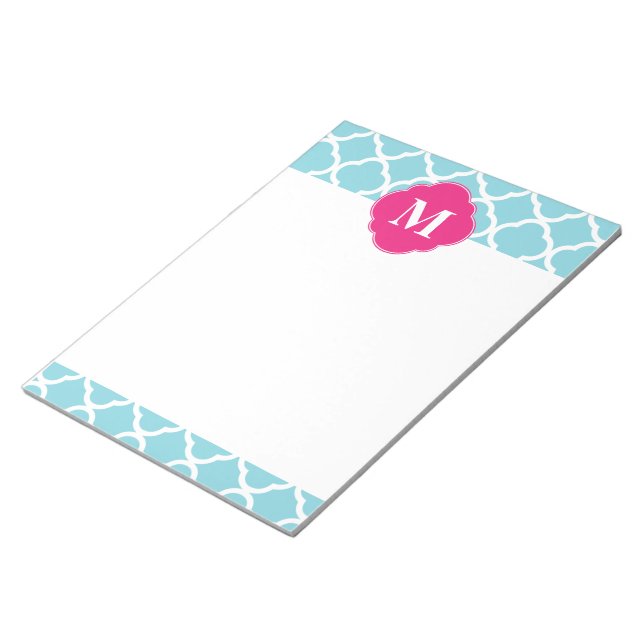 Blue Rosa Quatrefoil Monogram Anteckningsblock (Vinklad)