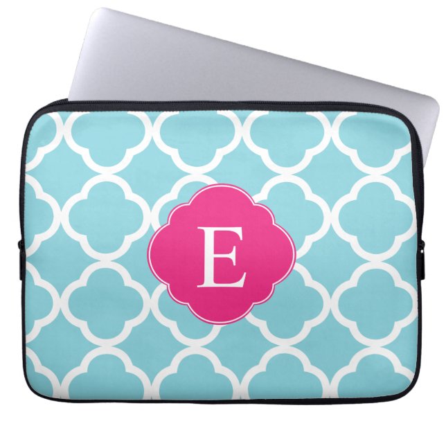 Blue Rosa Quatrefoil Monogram Laptop Sleeve (Framsidan)