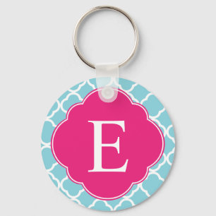 Blue Rosa Quatrefoil Monogram Nyckelring