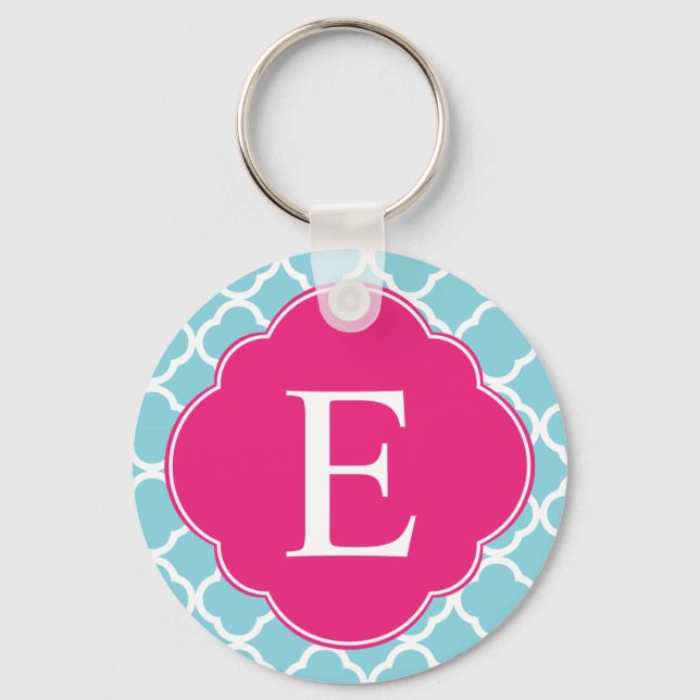 Blue Rosa Quatrefoil Monogram Nyckelring (Framsida)