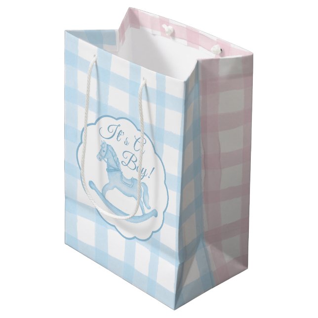 Blue Rosa Rocking Horse Gender Reveal Gift Bag (Framsidan Vinklad)