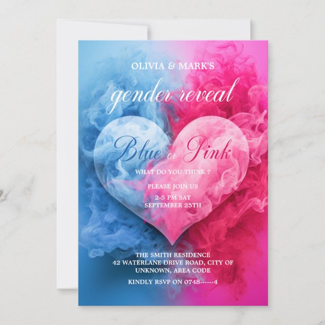 Blue Rosa Smoke Heart Baby Gender Reveal Party Inbjudningar (Framsida)