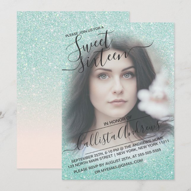 Blue Rosa Sparkly Glitter Ombre Photo Sweet 16 Inbjudningar (Fram/baksida)