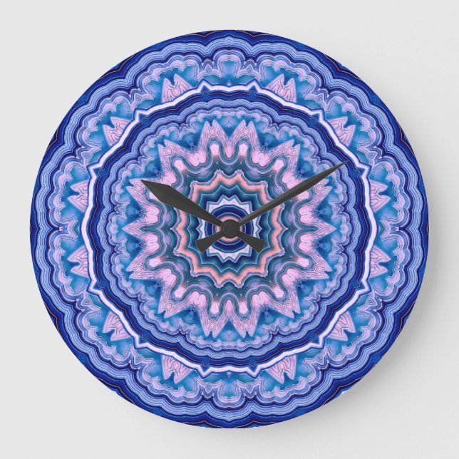 Blue Rosa White Agate Boho Mandala Stor Klocka (Framsida)