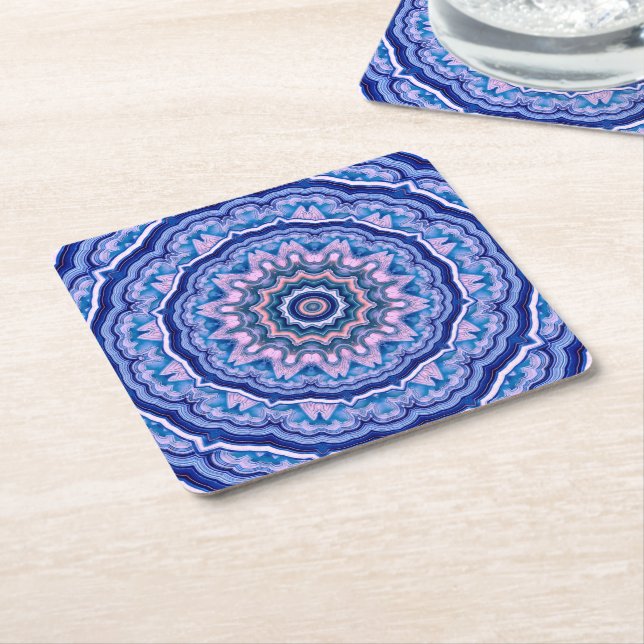 Blue Rosa White Agate Boho Mandala Underlägg Papper Kvadrat (Vinklad)