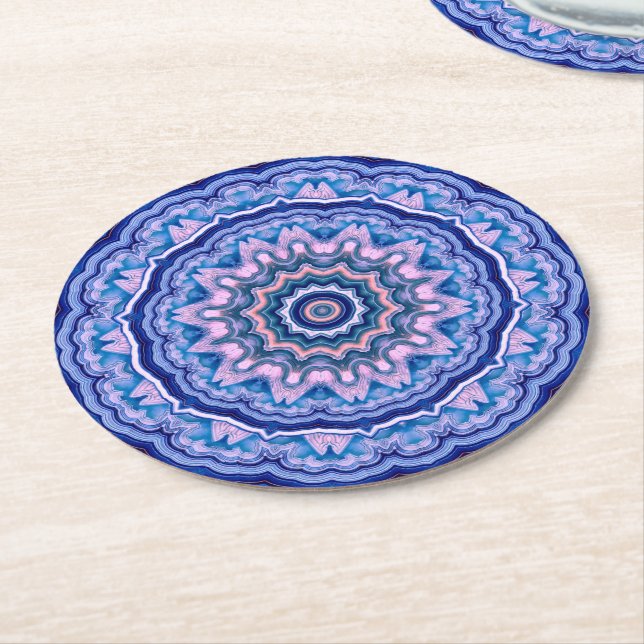 Blue Rosa White Agate Boho Mandala Underlägg Papper Rund (Vinklad)