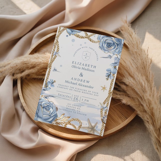 Blue Rose Coastal Rope Wedding Inbjudningar (Skapare uppladdad)