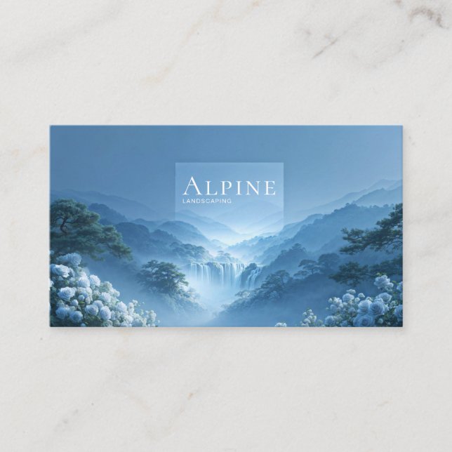 Blue Rose Floral and Misty Mountain Waterfall Visitkort (Framsida)