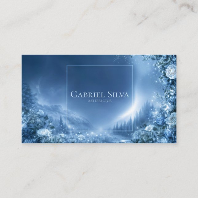 Blue Rose Floral and Snowy Mountain Night Frame Visitkort (Framsida)