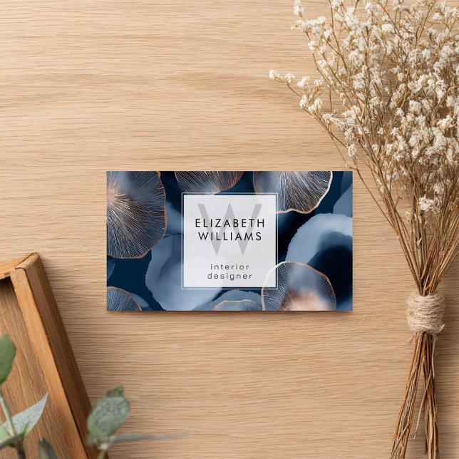 Blue Rose Gold Monogram Modern Business Card Visitkort (Skapare uppladdad)