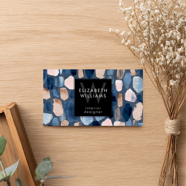 Blue Rose Gold Monogram Modern Business Card Visitkort (Skapare uppladdad)