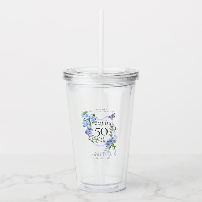 Blue Rose Ribbon 50th Birthday Take Away Mugg (Framsida)
