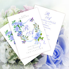 Blue Rose Ribbon Monogram Wedding Invitation Inbjudningar