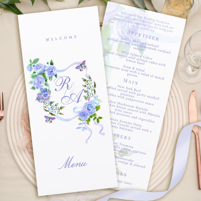 Blue Rose Ribbon Monogram Wedding Menu Meny (Blue Rose Ribbon Monogram Wedding Menu)