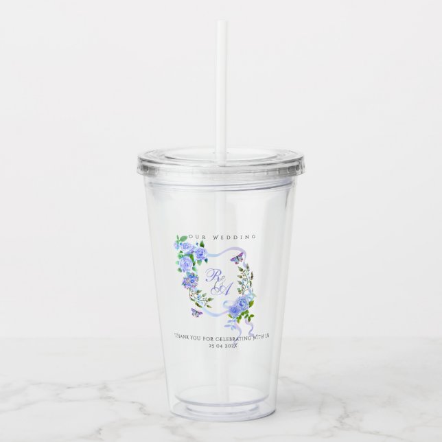 Blue Rose Ribbon Monogram Wedding  Take Away Mugg (Framsida)