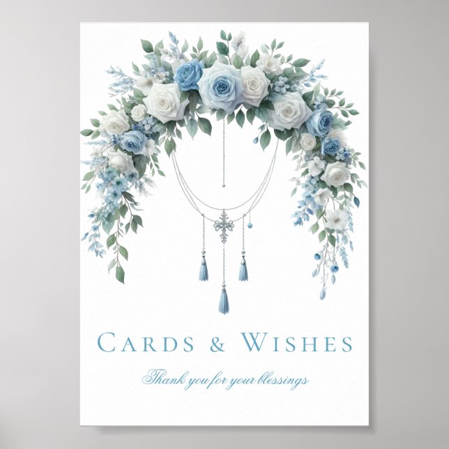 Blue Rose & Silver Cross Baptism Cards & Wishes  Poster (Framsidan)