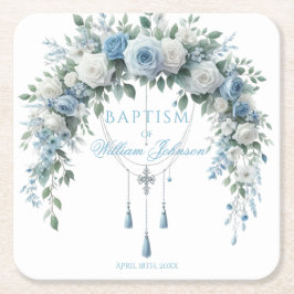 Blue Rose & Silver Cross Baptism Coaster Underlägg Papper Kvadrat