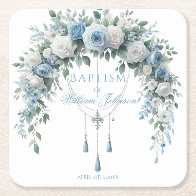 Blue Rose & Silver Cross Baptism Coaster Underlägg Papper Kvadrat (Framsidan)