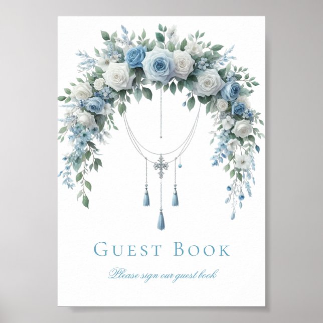 Blue Rose & Silver Cross Baptism Guest Book Sign Poster (Framsidan)