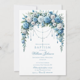 Blue Rose & Silver Cross Baptism Invitation Inbjudningar