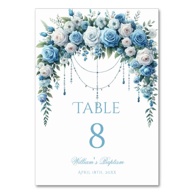 Blue Rose & Silver Cross Baptism Table Number Bordsnummer (Framsidan)