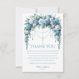 Blue Rose & Silver Cross Baptism Thank You Card Tack Kort