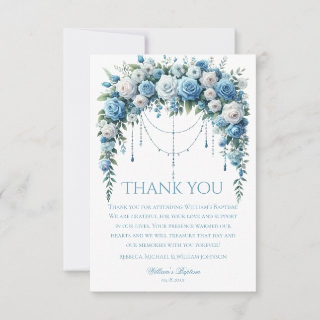 Blue Rose & Silver Cross Baptism Thank You Card Tack Kort (Framsida)