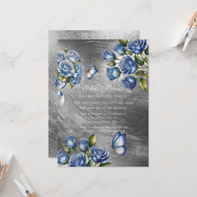 Blue Roses Butterfly Silver Bachelorette Party Inbjudningar (Fram/Back In Situ)