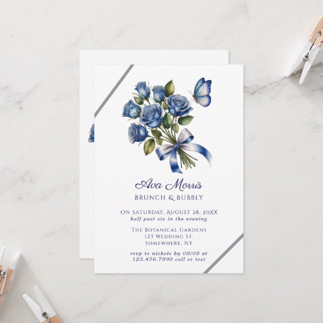 Blue Roses Butterfly Silver Brunch & Bubbly Inbjudningar (Fram/Back In Situ)