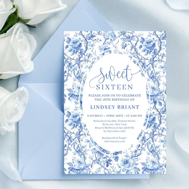 Blue Roses Digital Floral 16th Birthday Invitation Inbjudningar (Blue Roses Digital Floral 16th Birthday Invitation)