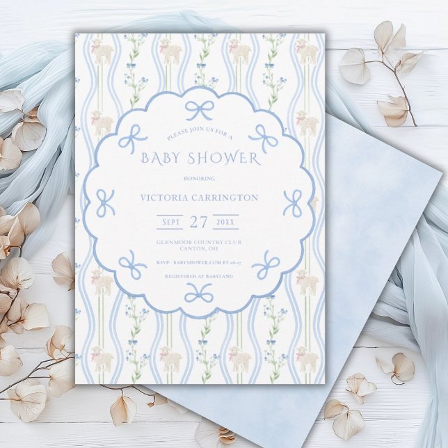 Blue Rosett band Lamb Vintage Baby Shower Inbjudningar (Skapare uppladdad)
