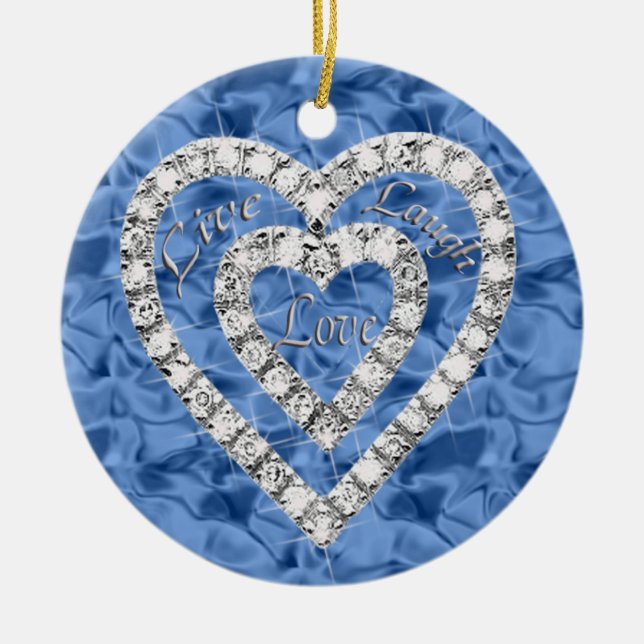Blue Round Live Laugh Kärlek Diamond Heart Ornamen Julgransprydnad Keramik (Framsidan)