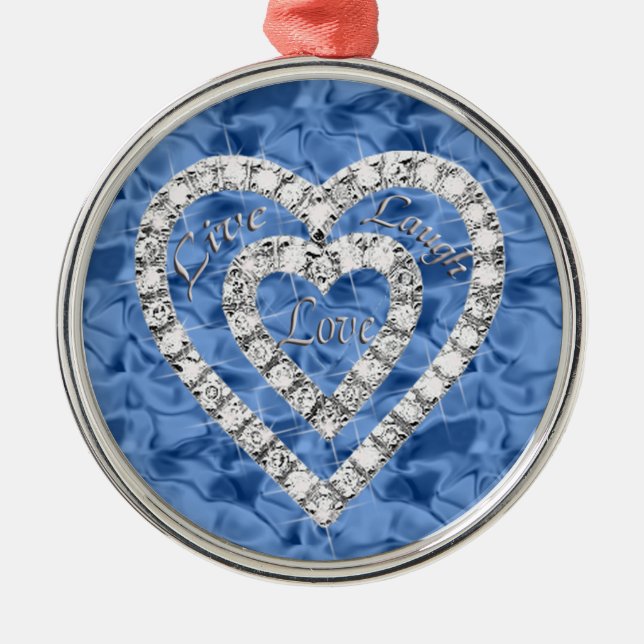 Blue Round Live Laugh Kärlek Diamond Heart Ornamen Julgransprydnad Metall (Framsidan)