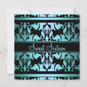 Blue Royal Damask Sweet16 Birthday Inbjudan