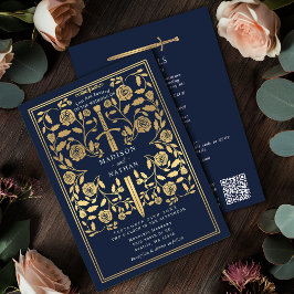 Blue Royal Medieval Gold Sword Wedding QR Code Inbjudningar