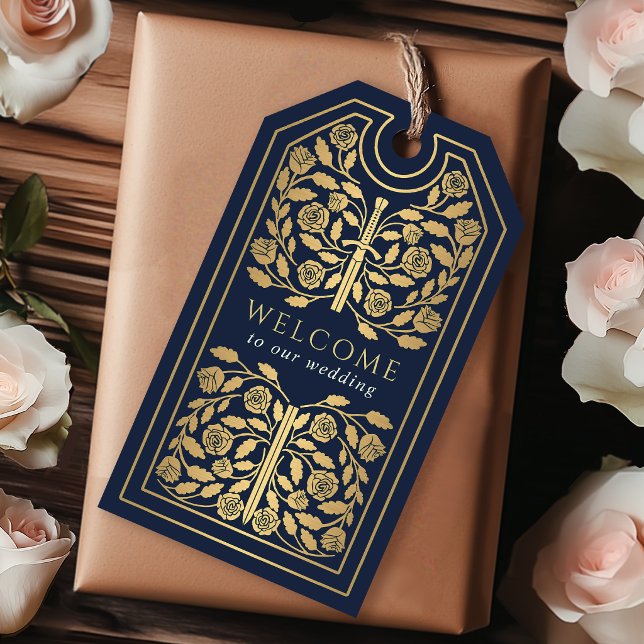 Blue Royal Medieval Gold Sword Wedding Welcome Presentetikett (Skapare uppladdad)