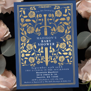 Blue Royal Medieval Guld Sword Boy Shower Inbjudningar