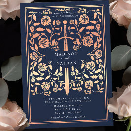 Blue Royal Medieval Ro Guld Sword Bröllop Inbjudningar