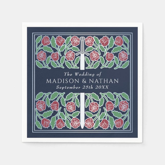 Blue Royal Medieval Silver Floral Sword Wedding Pappersservett (Framsidan)