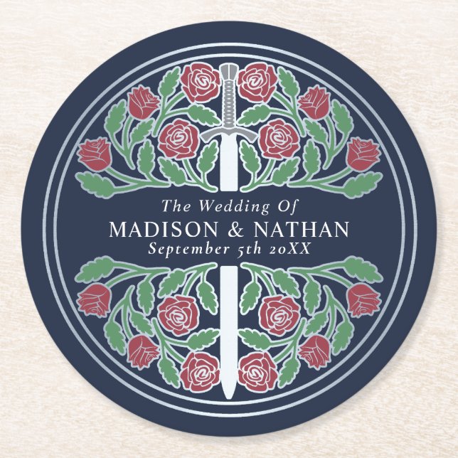 Blue Royal Medieval Silver Sword Wedding Underlägg Papper Rund (Framsidan)