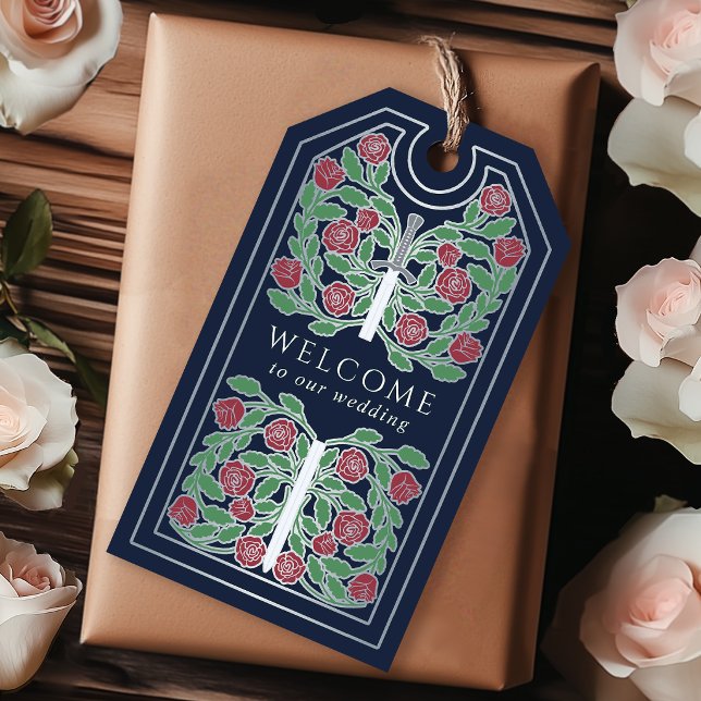 Blue Royal Medieval Silver Sword Wedding Welcome Presentetikett (Skapare uppladdad)