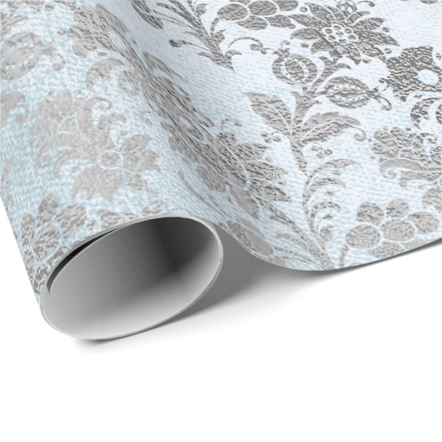 Blue Royal Silver Blommigt Powder Blommigt Ro Presentpapper (Rullad Hörn)